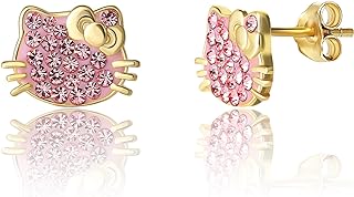 Sanrio Hello Kitty Womens Sterling Silver Stud Earrings - Officially Licensed Hello Kitty Earrings with Crystal Accents