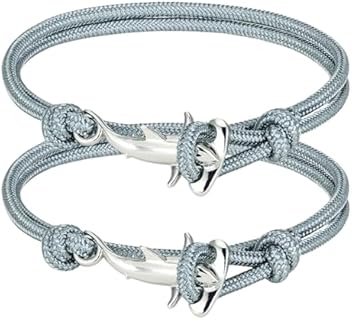 Hammerhead Shark Cuff Bracelet with Buckle Clasp and Rope Cord Chain Design - Unisex Nautical Paracord Jewelry, 2PCs Grey