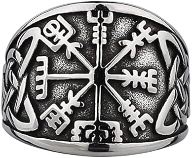 Stainless Steel Motorcycle Wedding Rings, Cubic Zirconia Gem, Unisex, Vintage Viking Vegvisir Compass Design