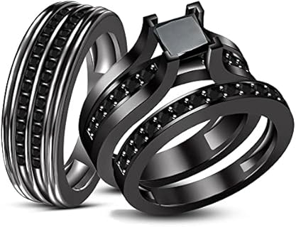14K Black Gold Plated Sterling Silver Princess Cut Created Black Diamond Engagement Rings for Couples - Trio Bridal Set Design
