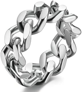 Unisex Stainless Steel Cuban Link Chain Ring, Polished Gold, Silver or Black Finish in Sizes 5-13 (6/8mm Width)