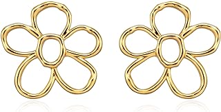 Chic Push-Back Daisy Flower Stud Earrings by LecAit - Based on Minimalist Design, Accented with Cubic Zirconia, Crafted from Yellow Gold Plated Sterling Silver for Women and Girls