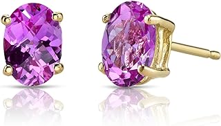 Peora Solid 14K Yellow Gold Created Pink Sapphire Earrings for Women, Classic Solitaire Studs, Hypoallergenic 7x5mm Oval Shape, 2 Carats total, Friction Back