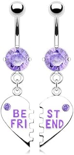 Forbidden Body Jewelry Surgical Steel Set of Best Friend Matching Purple Gem Dangle Heart Belly Button Rings