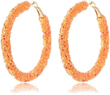 coadipress Glitter Hoop Earrings for Women Girls Shiny Sequins Hoop Earrings Bohemian Sparkle Resin Rhinestone Wrapped Drop Dangle Earrings Circle Prom Statement Earrings
