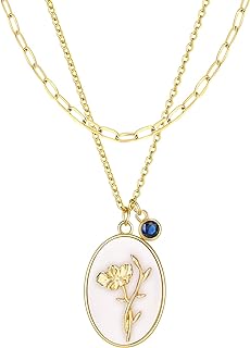 18K Gold Plated Inlaid White Shell Solid Birth Flower Pendant, Layering Choker Necklaces with Birthstone for Girls