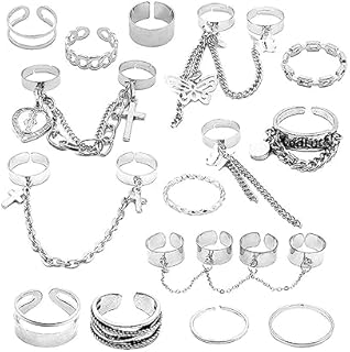 Gothic Punk Chain Finger Rings Set, 17PCS Adjustable Stackable Vintage Silver Rings for Women Men Girls,Happy Cross Butterfly Knuckle Rings (Silver)