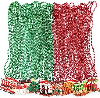 48-Piece Multi-Style Christmas Bead Necklaces in Festive Red and Green for Adults and Children – Durable Plastic Chain with Santa Claus and Holiday-Themed Pendants