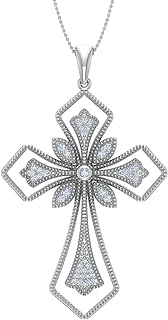FINEROCK 1/10 to 1/2 Carat Diamond Cross Pendant Necklace in 10K White Gold (Silver Chain Included)