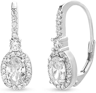 Women's Rhodium Plated Sterling Silver Earrings with Oval Cut Cubic Zirconia and Lever Back, Dangling Design