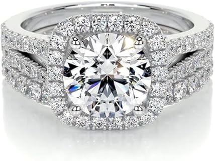 3 Carat (ctw) Halo Bridal Set Moissanite Engagement Rings for women Platinum Plated Silver Ring Moissanite Rings