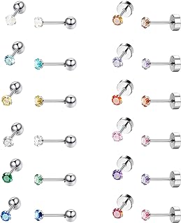 Screwback Stainless Steel 2mm Cubic Zirconia Stud Earrings for Women, Egirls - Colorful Multi-Month Birthstone Design