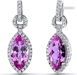Peora Created Pink Sapphire Dangle Earrings in Sterling Silver, Halo Drop Design, 4.50 Carats total Marquise Shape, Hypoallergenic, Friction Backs