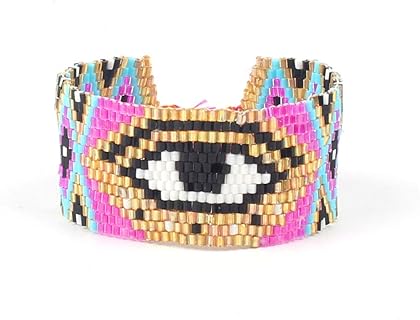 Woven Beaded Bracelet with Box Chain and Slide Clasp, BALIBALI Handmade Authentic Seed Beads, Good Luck Evil Eye Design for Couples, Adjustable Size