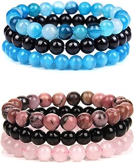 CASDAN 6Pcs 8mm Semi-Precious Gemstones Beaded Bracelets for Women Men Healing Crystal Stone Bracelet Stretch Round Beaded Elastic Bracelets Unisex Jewelry Gifts
