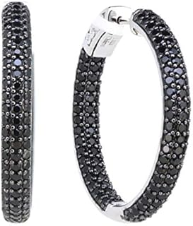 1.25" Sterling Silver Black Spinel Round Hoop Earrings (4.6 CT.T.W)