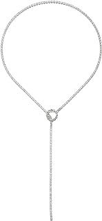 Toggle Lock Silver Plated Brass Tennis Chain Y-Shaped Drop Necklace with Glittering Crystals for Women and Girls