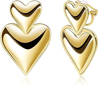18K Gold Plated Double Heart Non-Piercing Clip-On Earrings in Copper - Elegant Statement Jewelry for Women and Girls
