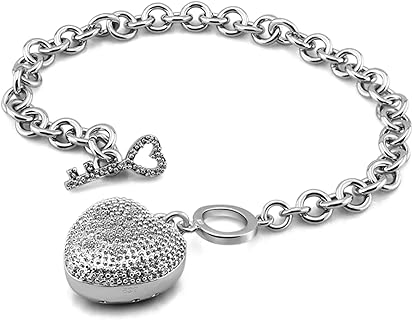 H&Beautimer Charm Bangle Bracelet in 925 Sterling Silver with Box Chain and Lobster Claw Clasp Featuring Cubic Zirconia Heart or Lock Design for Women, Available in Multiple Sizes