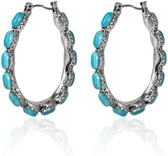 Natural Turquoise Metal Hoop Dangle Earrings with Zinc Chain for Women and Girls, Oval/Teardrop Design, Vintage Statement Accessory