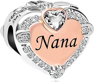KunBead Nana Grandma Grandmother Love Rose Gold Heart Birthstone Bead Charms Compatible with Pandora Bracelet Birthday Jewelry Gifts for Women