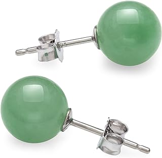 Sterling Silver Round Stud Earrings with Genuine Green Jade, Ball Design with Secure Push Back Finding