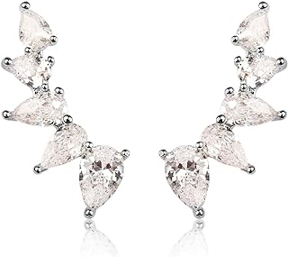 RIAH FASHION Sparkly Rhinestone Pave Ear Crawler Earrings - Delicate Cubic Crystal Earlobe Cuff Climber Floral Petal, Leaf Branch, Feather, Star, Geometric
