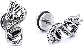 Fusamk Punk Rock Stainless Steel Animal Dragon Stud Earrings,2pcs