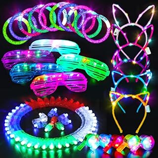 Light Up Glow Party Supplies 65 Pack New Year Eve LED Glow In The Dark Birthday Neon Party Favors Accssories for Kids Adults, 5 Glasses 10 Bracelets 5 Headbands 5 Necklaces 40 Finger Lights