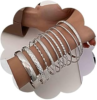 Lace Cuff Punk Layered Bangle Bracelet Set with Alloy Chain - 10Pcs Women's Wide Handcrafted Jewelry