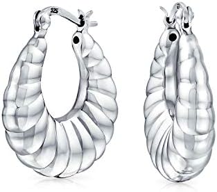 Boho Tribal Lightweight Hollow Puff Ribbed Scalloped Twist Rope Cable Style Oval Tube Hoop Earrings For Women For Teen .925 Sterling Silver Medium Size Hoops