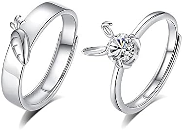 Kokoma Cute Rabbit and Carrot Matching Couple Rings for Him and Hers Crystal Diamond Animal Pet Sterling Silver Open Finger Ring Band Engagement Promise Rings Eternity Rings Adjustable