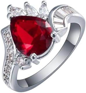 Created Ruby Halo Pear Shape Ring in Silver Plated,White Small Marquise Zircon Set Off Sophisticated Women's Fashion Wedding Engagement Ring