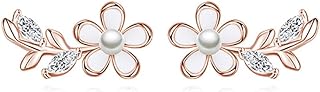 Reffeer Solid 925 Sterling Silver Flower Stud Earrings for Women Girls CZ Leaf Post Stud Earrings Pearl Flower Studs