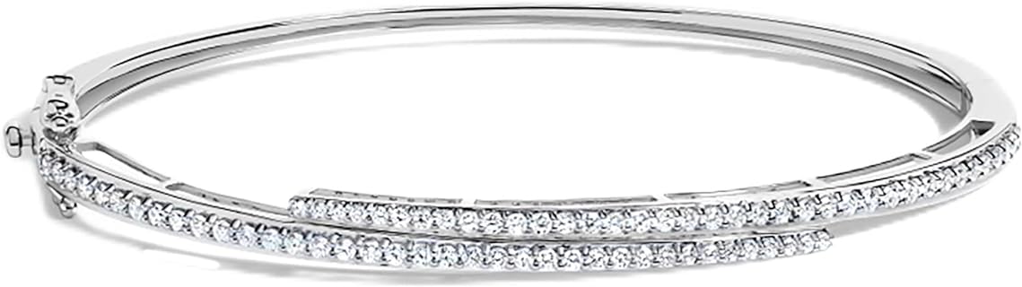 0.95ct Round Lab Grown White Diamond Sterling Silver Bangle Bracelet with Box Chain and Fold Over Clasp for Women