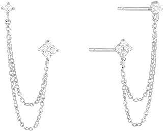 BUAEL 925 Sterling Silver Four Zircons Flower Stud Earrings For Women | Double Studs Chain Tassel Piercing Earring | Gold Plated Double Piercing Dangle Chain Earrings Jewelry Gifts for Women Girls