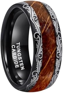 8mm Black Tungsten Rings for Men Women Whiskey Barrel Wood Inlay Vintage Baroque Frame Leaf Engagement Wedding Promise Band Domed Polished Shiny Comfort Fit