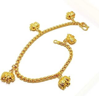 24K Thai Baht Gold Plated Elephant Anklet with Lobster Claw Clasp for Men & Women with Unique Elephant Bell Design