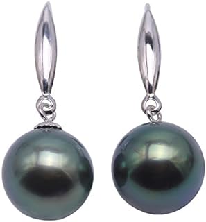 JYX Pearl 18K White Gold Dangle Earrings with Mystical 9mm Peacock Green Tahitian Cultured Pearls - Elegant Drop Design for Women