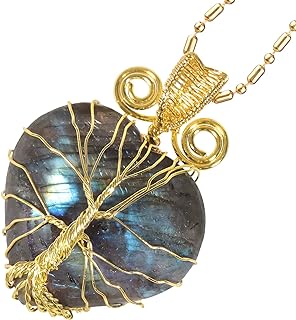 Lobster Clasp Labradorite Crystal Stone Pendant Necklace, Cable Chain Design, Ideal for Women, Copper Wire-Wrapped Heart Design