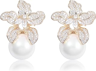 Alloy Metal Fashion gem Push-Back Big Round Pearl Stud Drop Earrings, Blooming Flower Design with Cubic Zirconia for Women, Chic Wedding Accessories