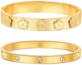 Friendship Love 2Pcs Set Bracelet for Women 18K Gold Plated Stainless Steel with Crystal Bangle Cuff Gifts Jewelry