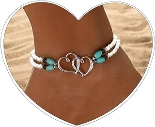 Elastic Beaded Beach Anklet for Women Girls, Seed Bead Double Hollow Hearts Stretch Anklet, Double Layered Small Beads Ankle Bracelet, Cute Boho Heart Foot Jewelry for Summer Beach Wedding Dance Yoga