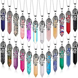 24 Pcs Healing Crystal Necklace Hexagonal Healing Crystal Flower Wrapped Crystal Point Pendant Necklace Healing Pendents Natural Quartz Point Necklace with Chain for Women