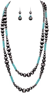 Rosemarie Collections Women's Extra Long Navajo Pearl And Turquoise Howlite Bead Statement Western Endless Strand Necklace Earrings Set, 60"