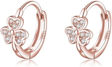 Hinged Hoop Sterling Silver Clover Earrings with Cubic Zirconia for Women and Teen Girls - Shamrock Huggie Design