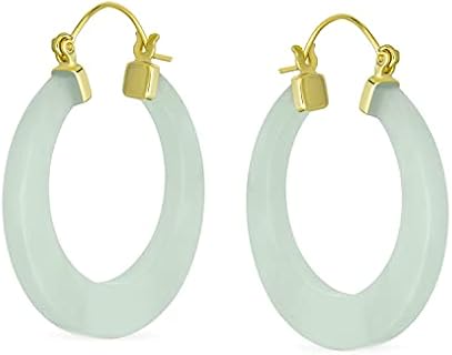 Women's Charming Light Green Jade Hoop Earrings with Post with Snap Down Back Finding, 14K Gold Plated .925 Sterling Silver, 1.2 Inch Diameter