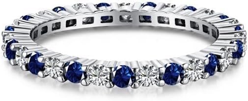 Sapphire Cubic Zirconia Stackable Ring, 925 Sterling Silver Milgrain Bezel, White Gold Plated - Perfect for Wife/Girlfriend, Dazzling Eternity Band Design