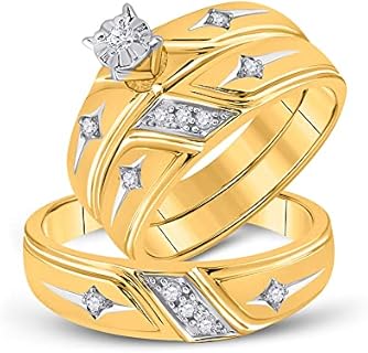 Two-Tone Gold Diamond Trio Engagement & Wedding Ring Set for Couples - 14K Yellow & White Gold with Round White Diamonds, Religious Cross Design