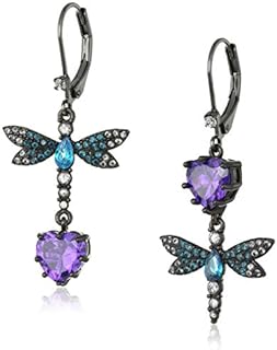 Hematite-Tone Metal Lever Back Drop Earrings with Cubic Zirconia and Glass Butterfly Design for Women by Betsey Johnson